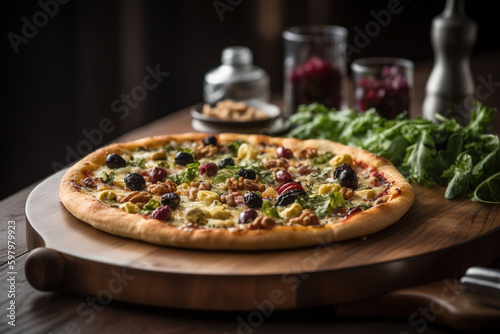 Delicious pizza on a table , dark background. Created using Generative AI technology.