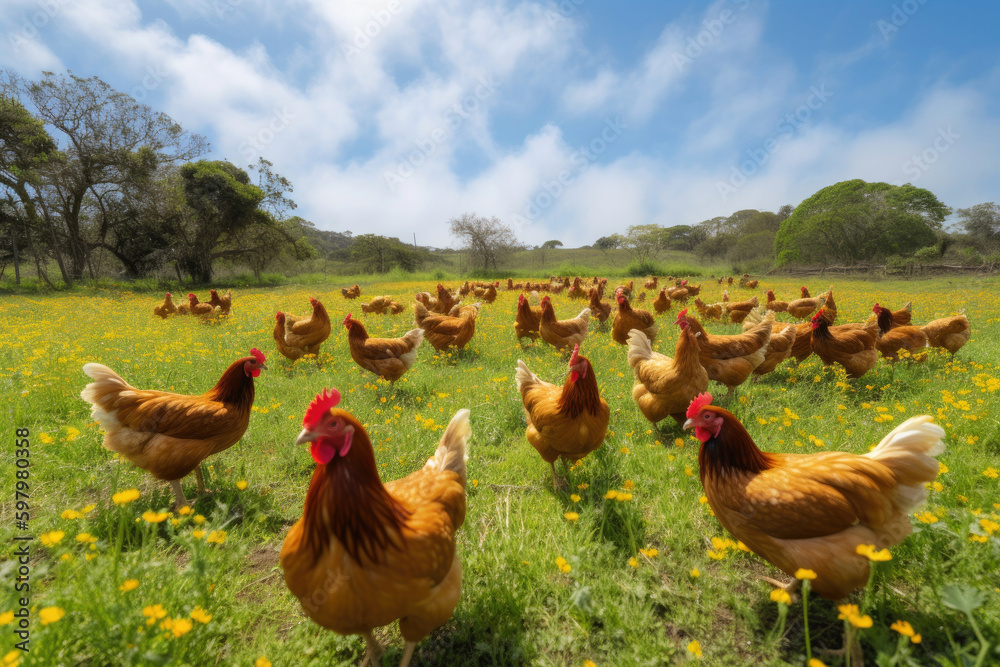 Fototapeta premium Free-range chickens on an organic farm. Generative AI