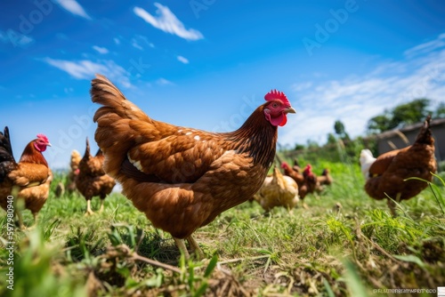 Free-range chickens on an organic farm. Generative AI