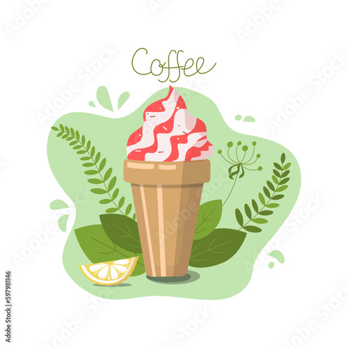 Coffee drink chilled with ice in disposable plastic cups. Cold Coffee. Glass of dessert, with whipped cream, chocolate or caramel filling and carbonated drink. Ice cream. Vector flat illustration. Iso