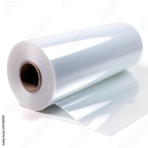 Roll of plastic film on white background