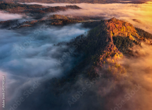 Drone view on the beautiful colorful autumn mountains hills in low clouds at sunset or sunrise. Aerial view of Mountain peak with sunlight and colorful forest in fog. Slovenia