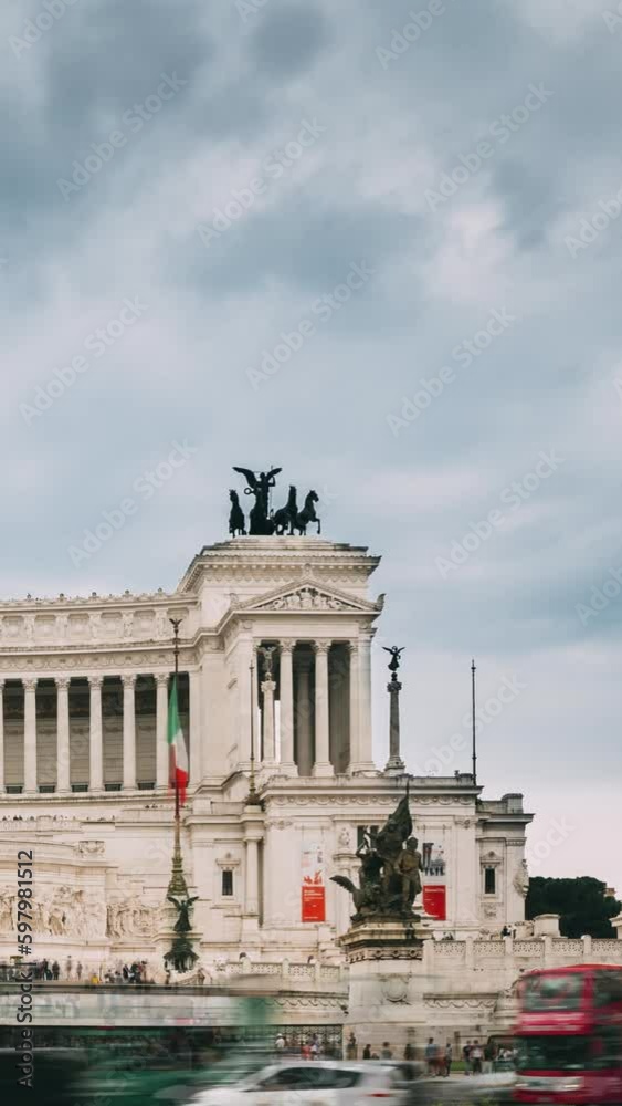 Rome, Italy. Altar Of The Fatherland Built In Honor Of Victor Emmanuel II. II Vittoriano In Summer Day. Vertical Footage Video. Bold Colors. 