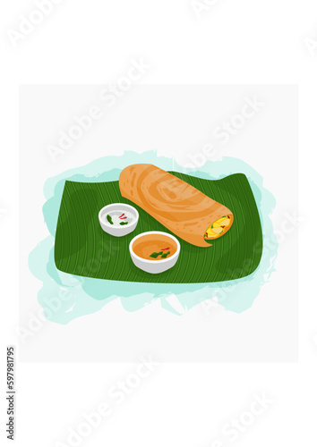 Editable Top Side View Indian Masala Dosa With Chutney and Sambar on Banana Leaf Vector Illustration for Artwork of Cuisine Related Design With South Asian Culture and Tradition