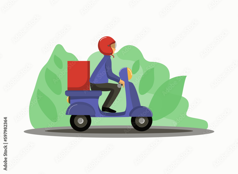 A man in a helmet rides a motor scooter. Delivery of food, goods. Pizza delivery boy rides a scooter, vector illustration.