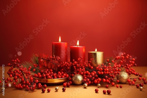 table decor  xmas tree with red candles  Generative ai