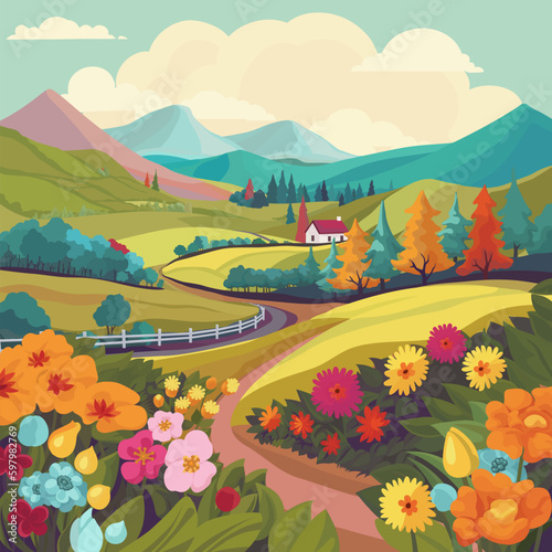 A rural landscape background of fields, farm land and trees with a cottage or house. Flowers in the foreground and a road winding into the distant rolling hills.
