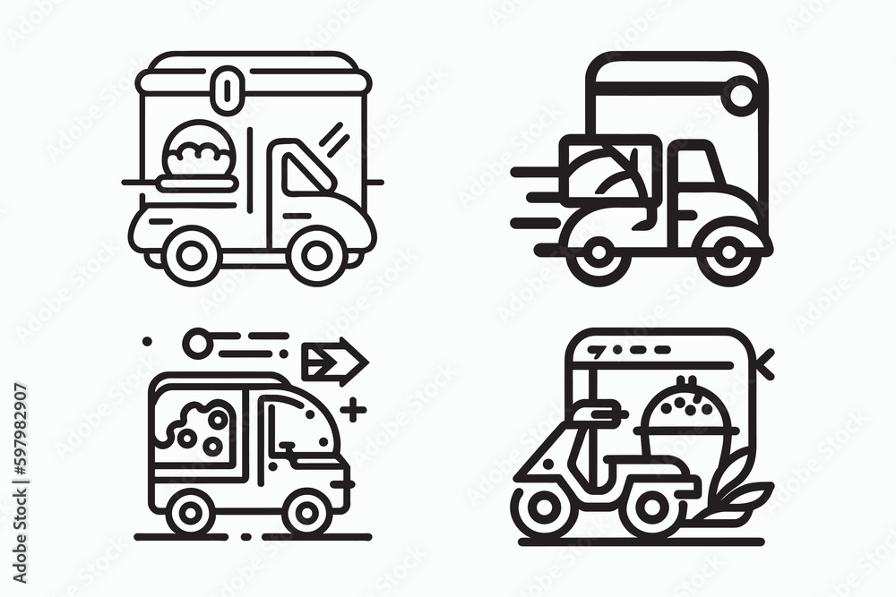 Food Delivery Icon set, line art Black And White food delivery service vector icons, Outline style, clean simple design isolated on white background