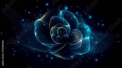 Futuristic neon flower on black background, virtual metaverse technology world, fantasy, sci-fi, generative AI.