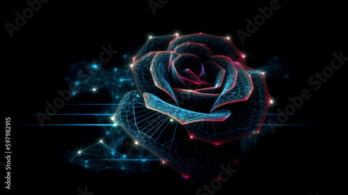 Futuristic neon rose on black background, virtual metaverse technology world, fantasy, sci-fi, generative AI. photo