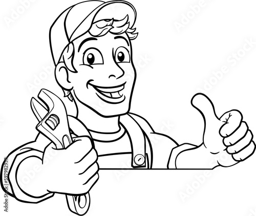 Mechanic plumber maintenance handyman cartoon mascot man holding a wrench or spanner. Peeking over a sign and giving a thumbs up