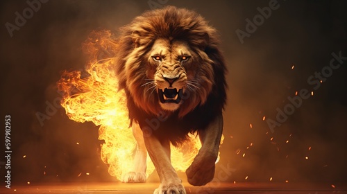 A very fierce lion jumping up and down, roaring, strong sense of camera, chains, background flames, red and yellow tones, realistic, full body shot, 8K, superb detail, wallpaper, Generative AI