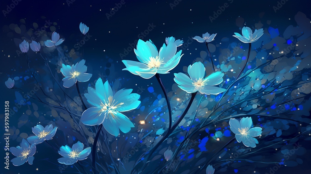 Blue flowers in the dark with stars in the sky, made of crystals, detailed illustrations, 32k uhd, fanciful illustrations, simple designs, wallpaper, Generative AI - obrazy, fototapety, plakaty 