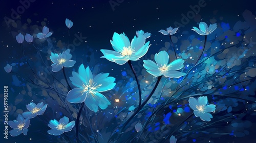 Blue flowers in the dark with stars in the sky  made of crystals  detailed illustrations  32k uhd  fanciful illustrations  simple designs  wallpaper