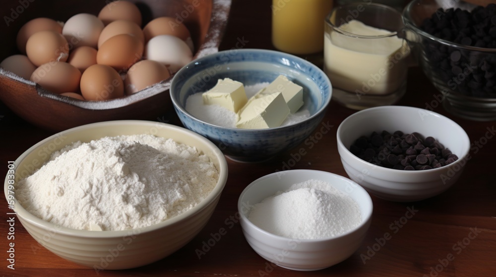 Ingredients for baking, cookies, muffins, pancakes, concept, AI generated Ingredients for baking, cookies, muffins, pancakes, concept, AI generated