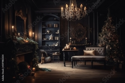 luxury interior xmas,glowing tree, fireplace, generative AI