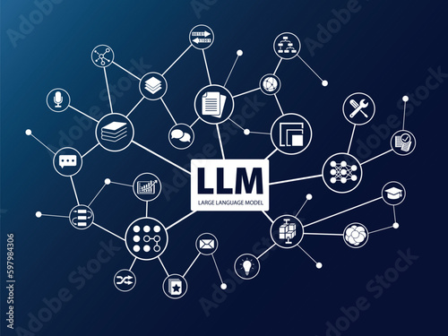LLM word with icons as vector illustration. AI concept of Large Language Models