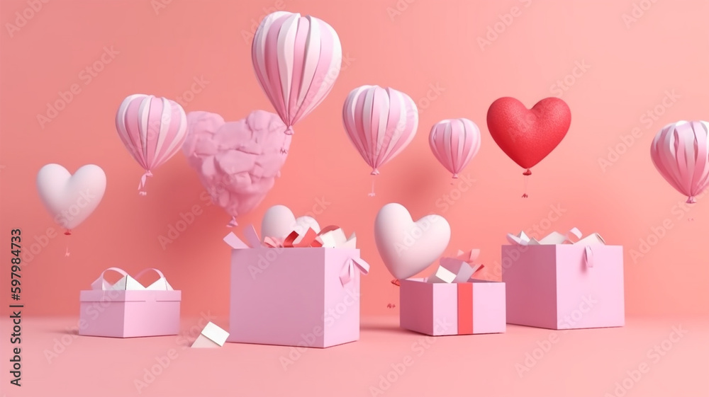 A romantic illustration of message for Valentine's Day. Big hearth pink balloons above the box full of hearts, and abstract love creations. Generative AI