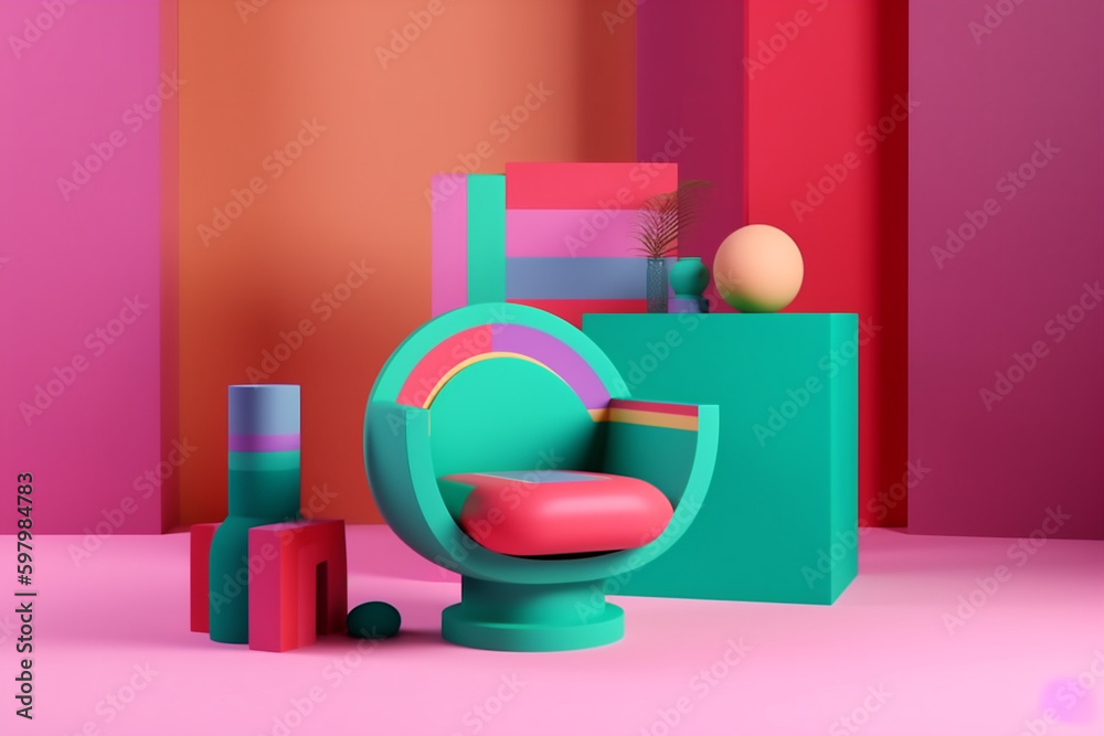 colourful art geometric sofa armchair design memphis home interior room apartment. Generative AI. Generative AI colourful art geometric sofa armchair design memphis home interior room apartment. Generative AI. Generative AI