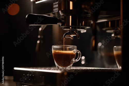 Close up of espresso pouring from coffee machine, AI