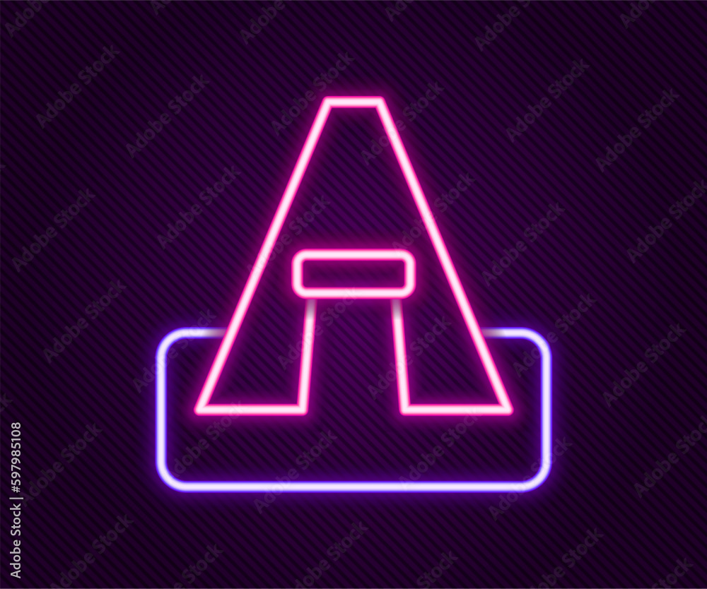 Glowing neon line Tourist tent icon isolated on black background. Camping symbol. Colorful outline concept. Vector