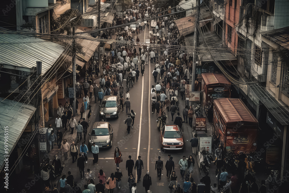 Obraz premium People crowd on pedestrian crosswalk. Top view background. AI