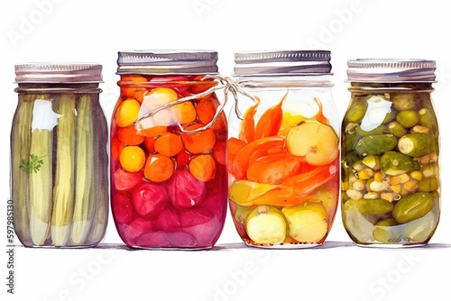 jars of canned vegetables on a white background, watercolor - AI