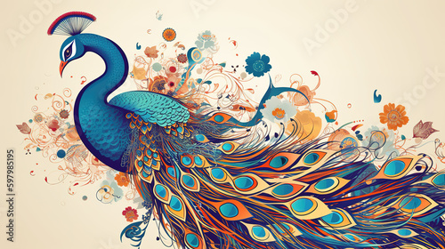 a modern version of a peacock illustration, design style, generative ai technology photo