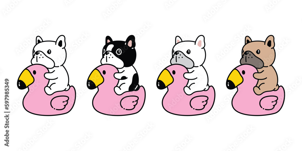 Obraz premium dog vector french bulldog icon flamingo inflatable swimming ring puppy pet cartoon character symbol tattoo stamp scarf illustration design isolated
