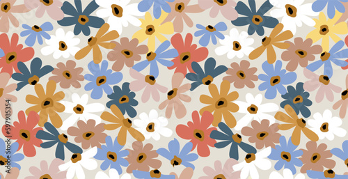 Seamless background with primitive childish floral pattern. Simple minimalistic background, cute big light flowers in boho style. Children's wallpaper, print for textile, cover