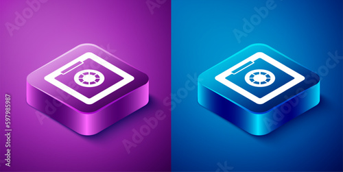 Isometric Safe icon isolated on blue and purple background. The door safe a bank vault with a combination lock. Reliable Data Protection. Square button. Vector