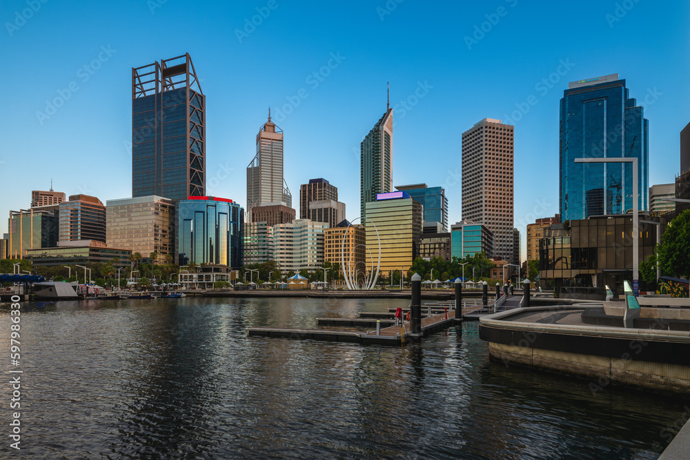 skyline of perth at night by swan river in western australia, australia skyline of perth at night by swan river in western australia, australia