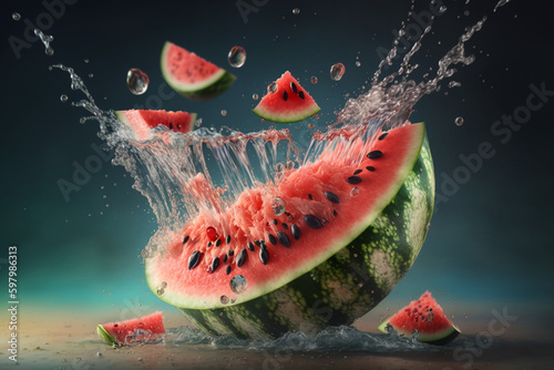 water melon pieces falling into a water splash macro, generative ai