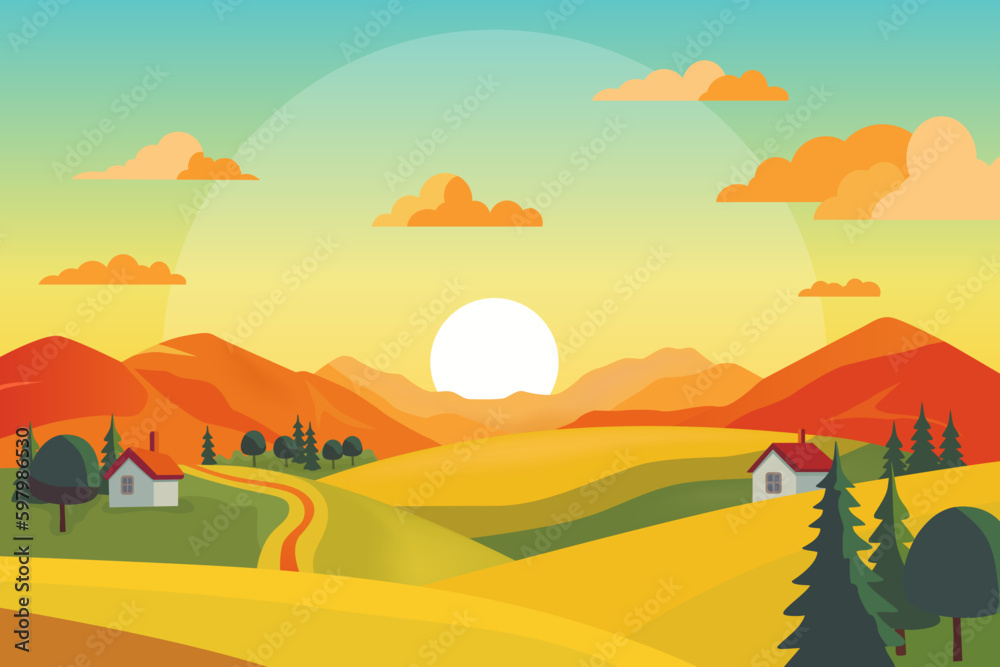 Vector illustration background. Hill landscape with with mountains, houses and meadows