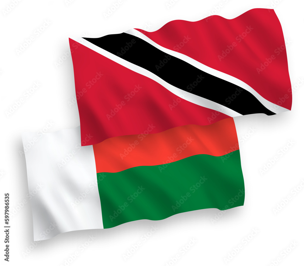 Flags of Republic of Trinidad and Tobago and Madagascar on a white background Flags of Republic of Trinidad and Tobago and Madagascar on a white background