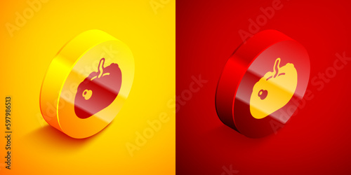 Isometric Pumpkin icon isolated on orange and red background. Happy Halloween party. Circle button. Vector