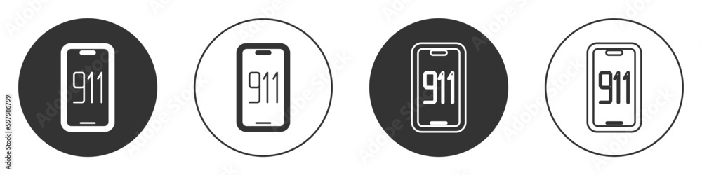Black Mobile phone with emergency call 911 icon isolated on white background. Police, ambulance, fire department, call, phone. Circle button. Vector Black Mobile phone with emergency call 911 icon isolated on white background. Police, ambulance, fire department, call, phone. Circle button. Vector