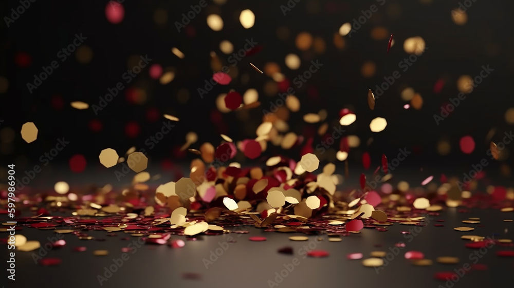 A romantic illustration of message for New Year, Colourful confetti, abstract love creations. Blurry background, template, Bokeh, Generative AI