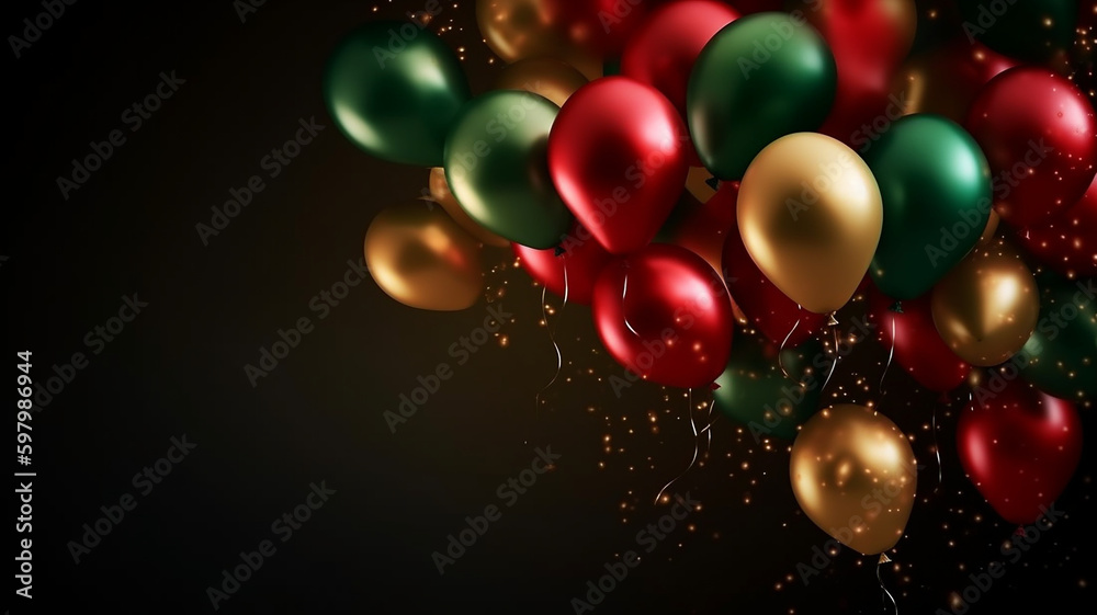 Illustration of Party, Golden Green Red metallic balloons and confetti, abstract party creations. New Years Eve Celebrating, Luxurious and elegance, Blurry background, template, Bokeh, Generative AI Illustration of Party, Golden Green Red metallic balloons and confetti, abstract party creations. New Years Eve Celebrating, Luxurious and elegance, Blurry background, template, Bokeh, Generative AI