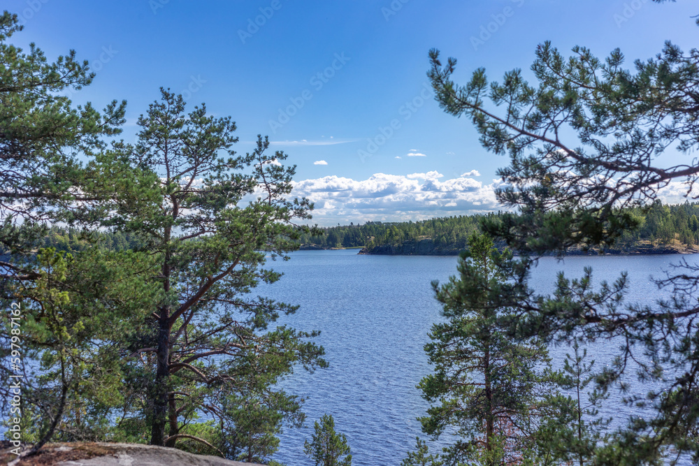 landscape with lake or sea view. Green forest. Coniferous trees on the shore of the reservoir. Summer landscape. Sunny warm weather. Desktop screensaver. Summer background with nature. Blue sky. outdo landscape with lake or sea view. Green forest. Coniferous trees on the shore of the reservoir. Summer landscape. Sunny warm weather. Desktop screensaver. Summer background with nature. Blue sky. outdo