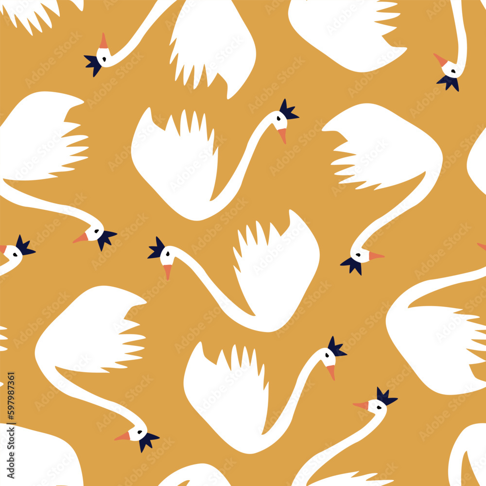 Naklejka premium Swan Princess hand drawn vector illustration. White bird and crown funny seamless pattern for kids fabric or wallpaper.