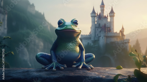 an animation inspired frog prince in front of a castle, generative ai technology © Sternfahrer