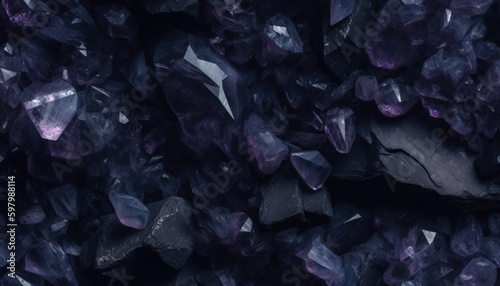 Seamless ore texture background with crystals, shale and stone in dark colors. Generative AI