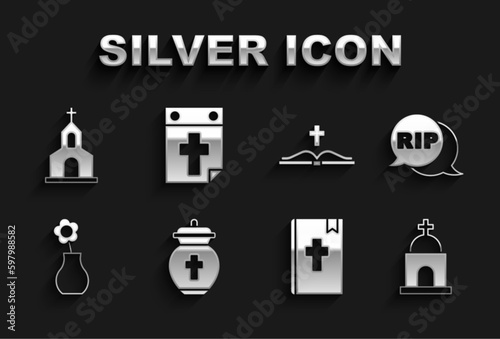 Set Funeral urn, Speech bubble rip death, Old crypt, Holy bible book, Flower in vase, Church building and Calendar icon. Vector