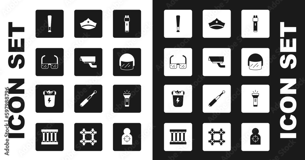 Set Police electric shocker, Security camera, Safety goggle glasses, Baseball bat, helmet, cap with cockade, Flashlight and icon. Vector Set Police electric shocker, Security camera, Safety goggle glasses, Baseball bat, helmet, cap with cockade, Flashlight and icon. Vector