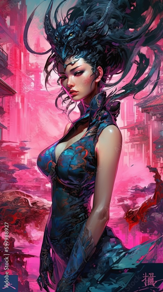 Title: Illustration of a Fantasy woman and abstract art, AI Generated Title: Illustration of a Fantasy woman and abstract art, AI Generated
