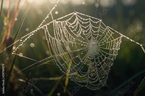 Covered with droplets of dew a cobweb.  Generative AI.
