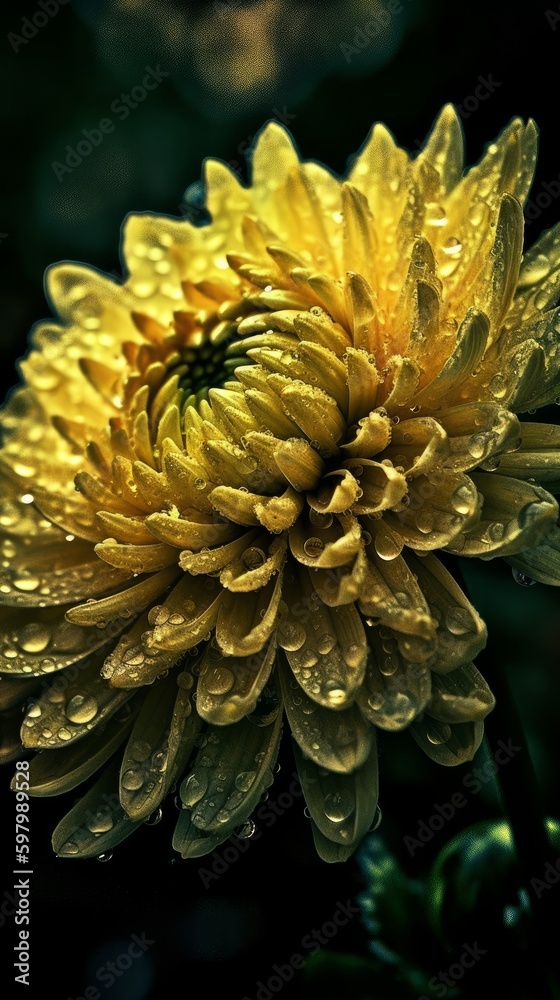 Dewy Yellow Chrysanthemum Flower in Soft Cinematic Light. Generative AI.
