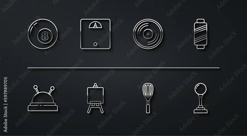 Set line Billiard pool snooker ball, Sewing thread on spool, Kitchen whisk, Easel or painting art boards, Bathroom scales, Joystick for arcade machine and Vinyl disk icon. Vector Set line Billiard pool snooker ball, Sewing thread on spool, Kitchen whisk, Easel or painting art boards, Bathroom scales, Joystick for arcade machine and Vinyl disk icon. Vector