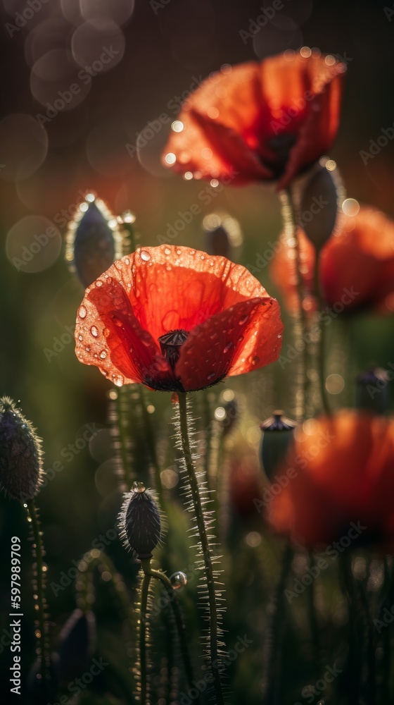 Fototapeta premium Close-up of Dewy Red Poppies with Cinematic Flair. Generative AI.